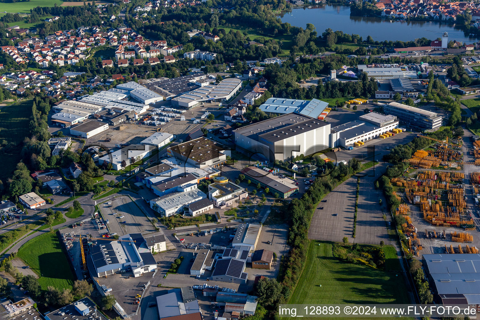 Aerial view of Building complex and distribution center on the site of Versandhaus Walz GmbH, Baby-Walz in Bad Waldsee in the state Baden-Wuerttemberg, Germany