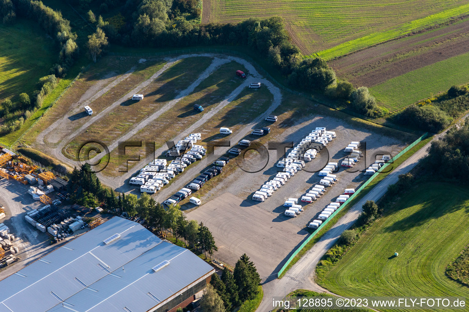 Buildings and production halls on the vehicle construction site of Hymer Reisemobile GmbH in Bad Waldsee in the state Baden-Wuerttemberg, Germany seen from above
