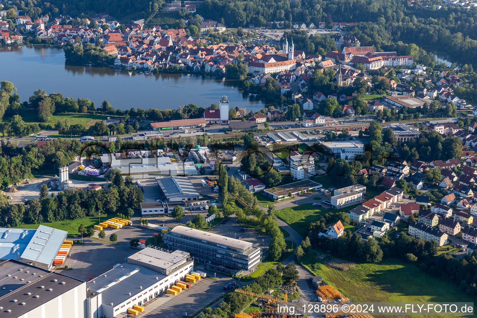 City view of the downtown area on the shore areas of Stadt See in Bad Waldsee in the state Baden-Wuerttemberg, Germany