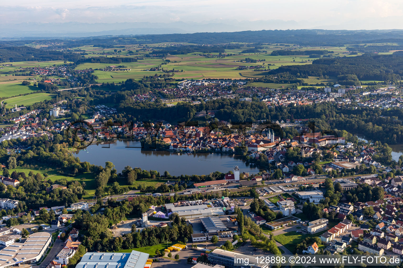 Aerial view of City view of the downtown area on the shore areas of Stadt See in Bad Waldsee in the state Baden-Wuerttemberg, Germany