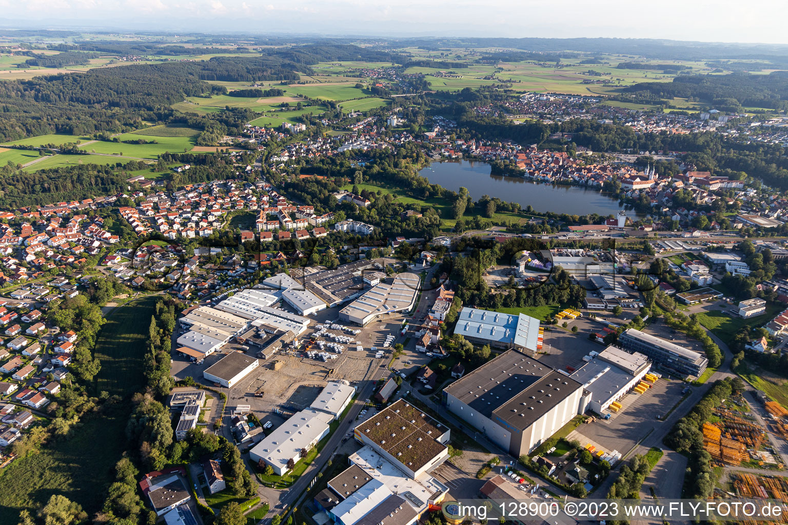 Aerial photograpy of Building complex and distribution center on the site of Versandhaus Walz GmbH, Baby-Walz in Bad Waldsee in the state Baden-Wuerttemberg, Germany