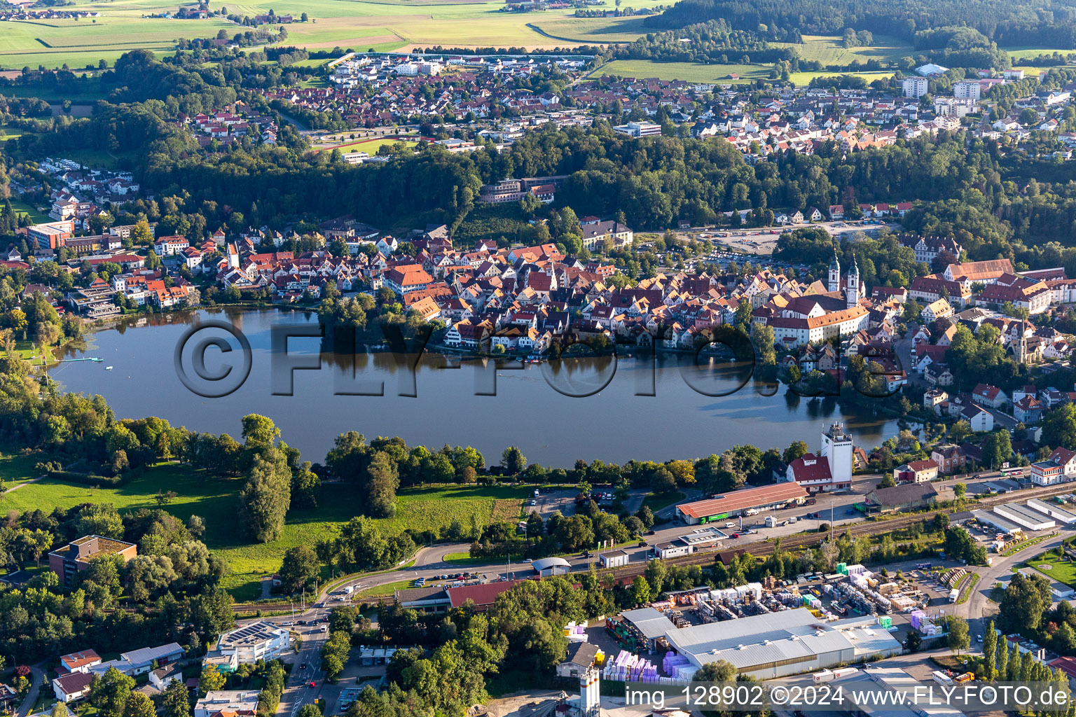 Aerial view of City Lake in Bad Waldsee in the state Baden-Wuerttemberg, Germany