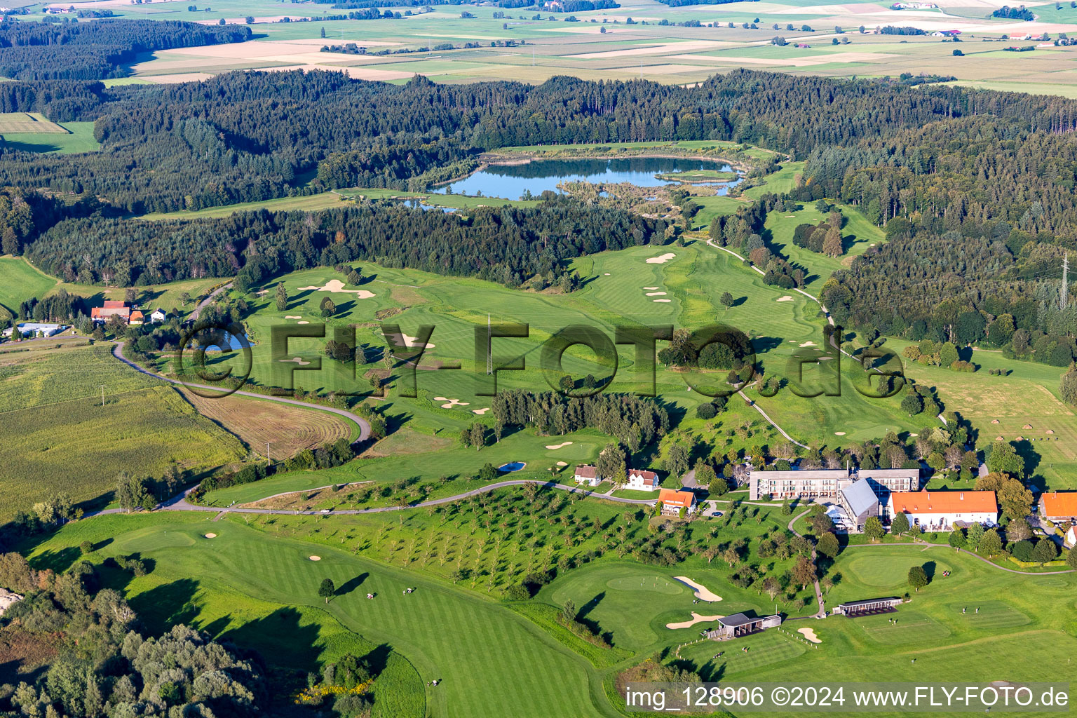 Aerial view of Grounds of the Golf course at of Fuerstlicher Golfclub Oberschwaben e.V. in Bad Waldsee in the state Baden-Wuerttemberg, Germany