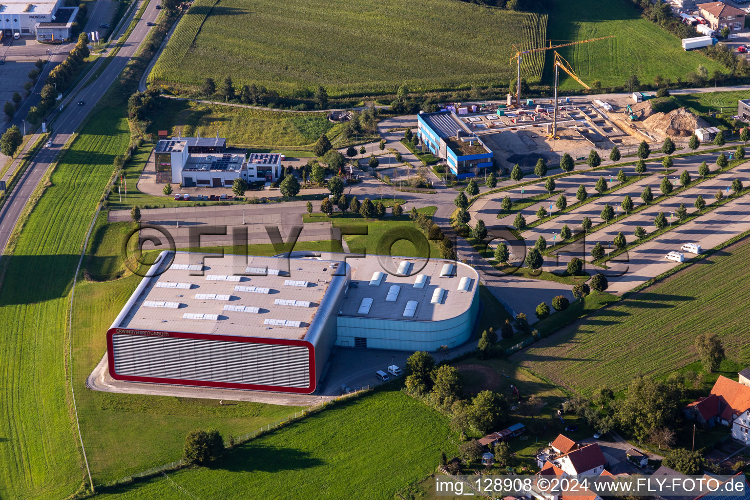 Aerial photograpy of Museum building of the Erwin Hymer Museum of Camper-Vans in Bad Waldsee in the state Baden-Wuerttemberg, Germany