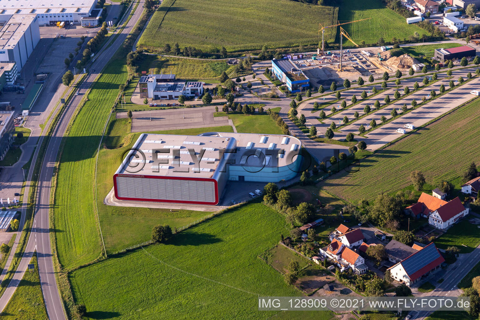 Aerial photograpy of Erwin Hymer Museum in the district Hopfenweiler in Bad Waldsee in the state Baden-Wuerttemberg, Germany