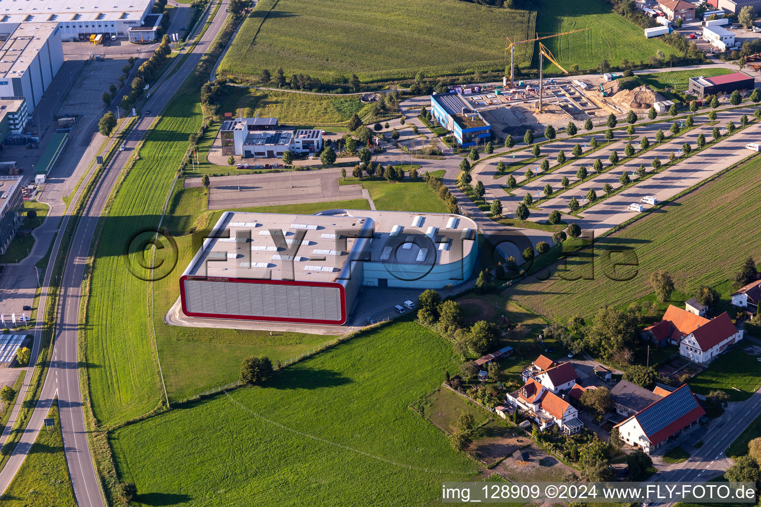 Aerial photograpy of Erwin Hymer Museum in the district Hopfenweiler in Bad Waldsee in the state Baden-Wuerttemberg, Germany