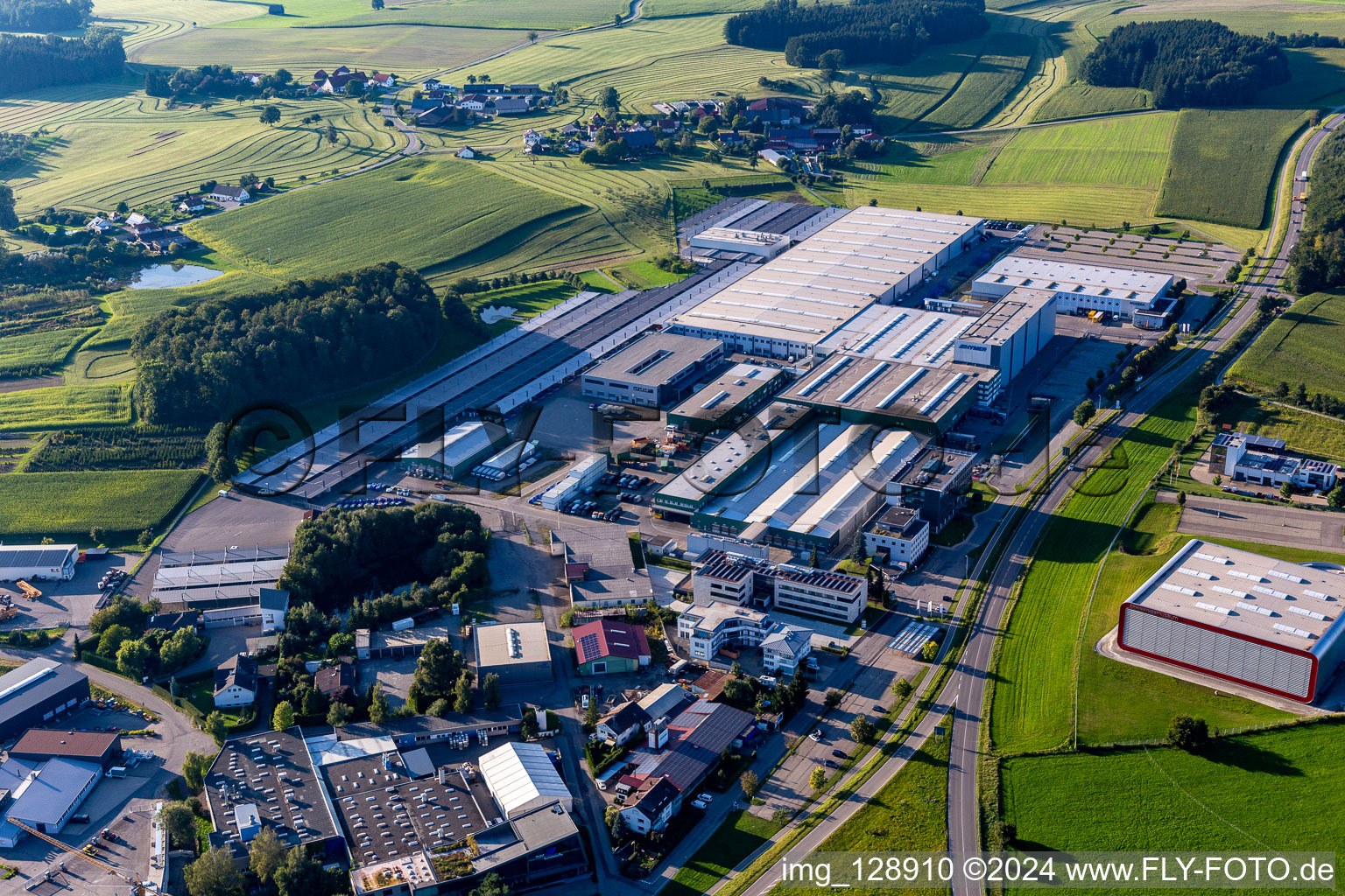 Aerial view of Buildings and production halls on the vehicle construction site of Hymer Reisemobile GmbH in Bad Waldsee in the state Baden-Wuerttemberg, Germany