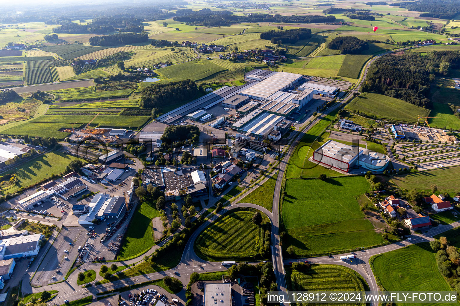 Aerial photograpy of Buildings and production halls on the vehicle construction site of Hymer Reisemobile GmbH in Bad Waldsee in the state Baden-Wuerttemberg, Germany