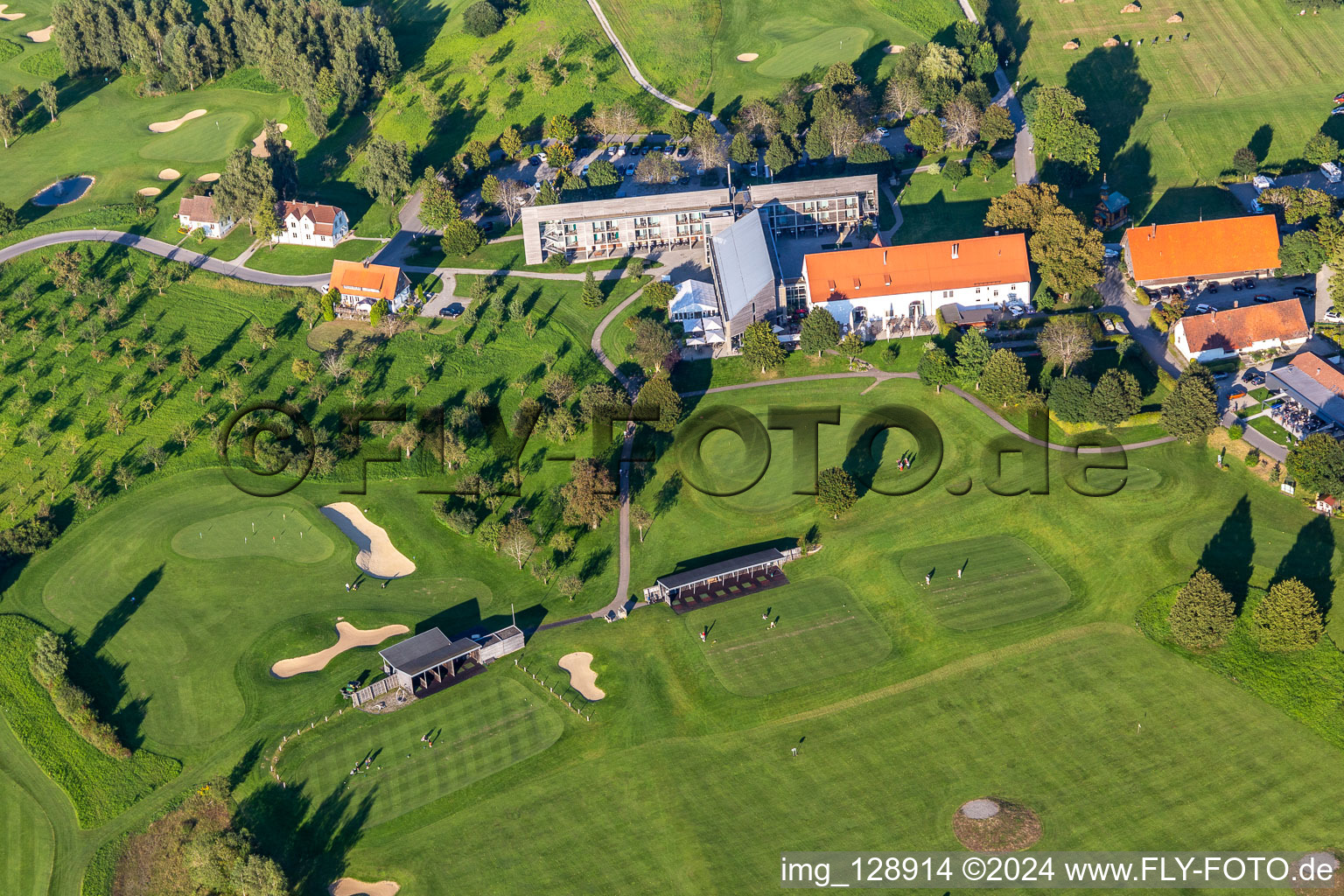 Aerial view of Club-hous of the Golf course at of Fuerstlicher Golfclub Oberschwaben e.V. in Bad Waldsee in the state Baden-Wuerttemberg, Germany