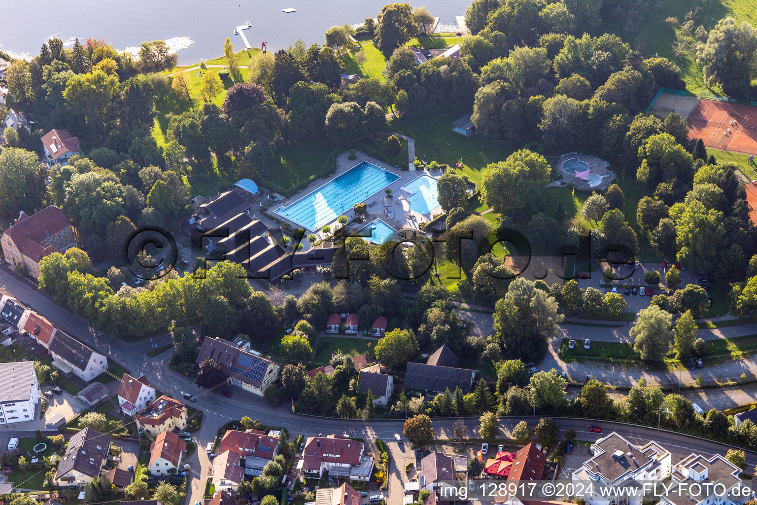 Polls and Beach areas of the Strand- and Freibad Bad Waldsee in Bad Waldsee in the state Baden-Wuerttemberg, Germany