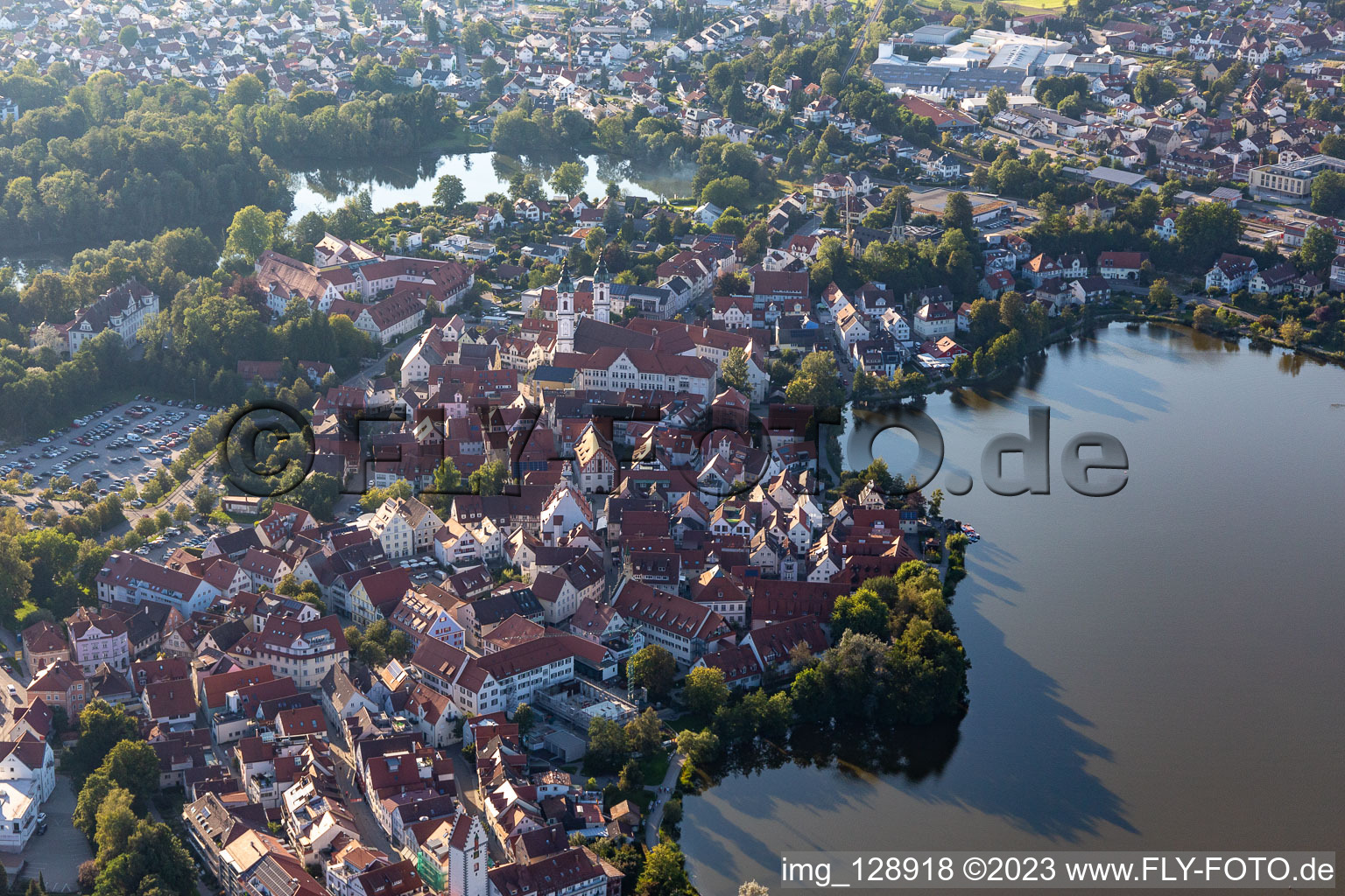 City view of the downtown area on the shore areas of Stadt See in Bad Waldsee in the state Baden-Wuerttemberg, Germany