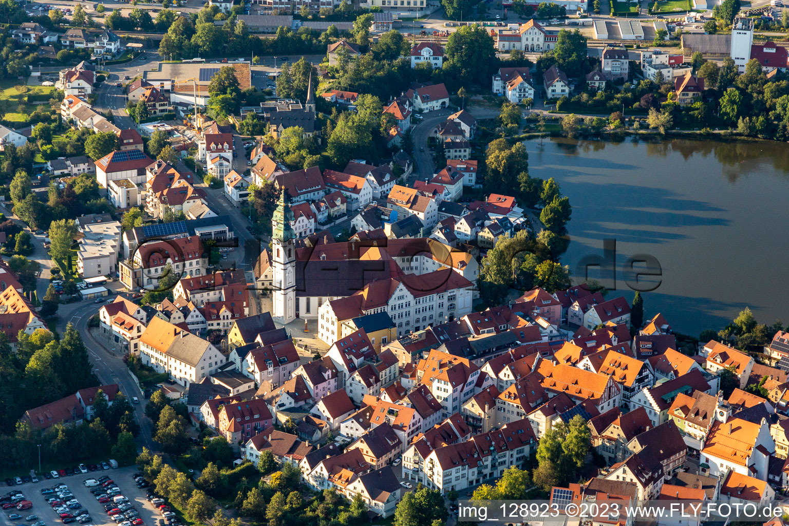 Aerial view of Church building in " Stadtpfarrkirche St. Peter " Old Town- center of downtown in Bad Waldsee in the state Baden-Wuerttemberg, Germany