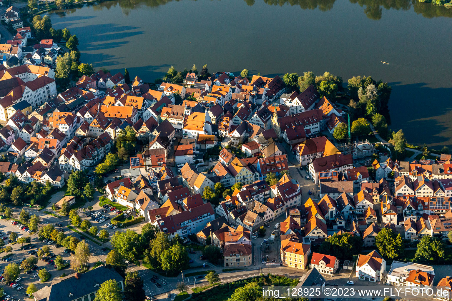 Aerial view of City view of the downtown area on the shore areas of Stadt See in Bad Waldsee in the state Baden-Wuerttemberg, Germany