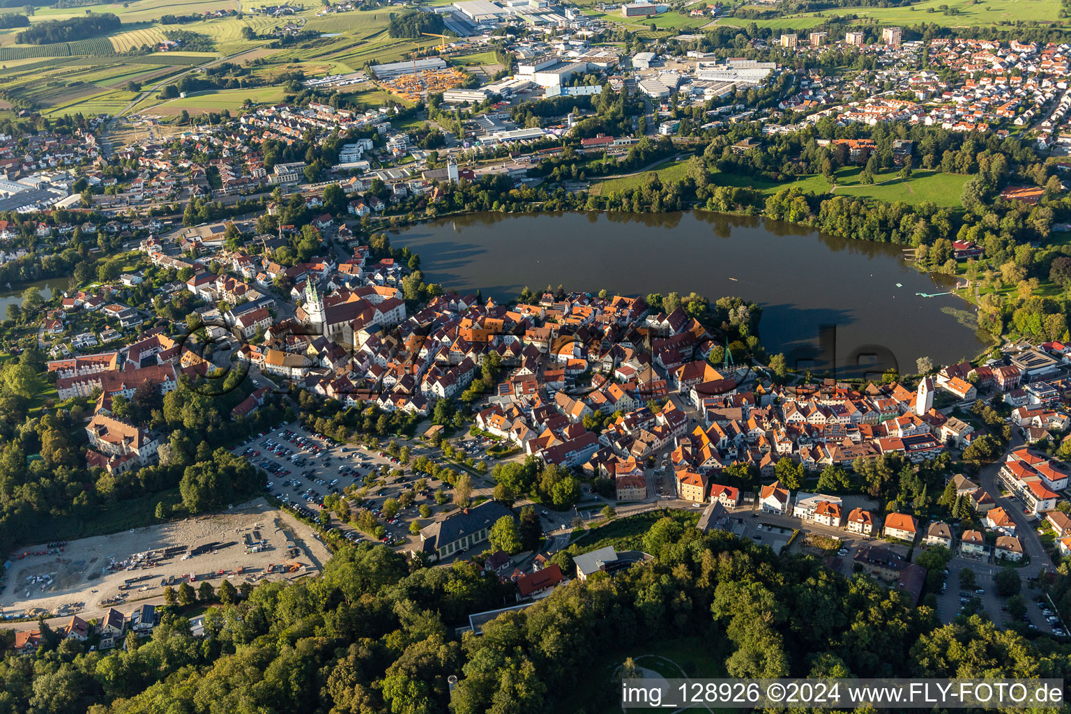 Aerial photograpy of City view of the downtown area on the shore areas of Stadt See in Bad Waldsee in the state Baden-Wuerttemberg, Germany