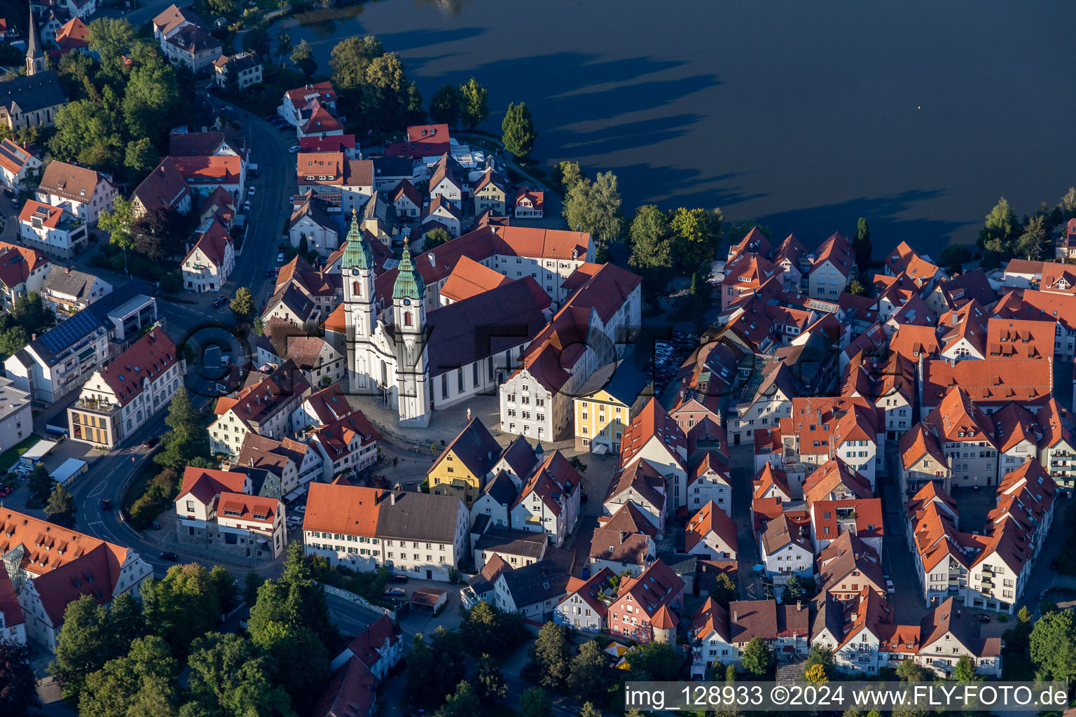 Aerial photograpy of Church building in " Stadtpfarrkirche St. Peter " Old Town- center of downtown in Bad Waldsee in the state Baden-Wuerttemberg, Germany