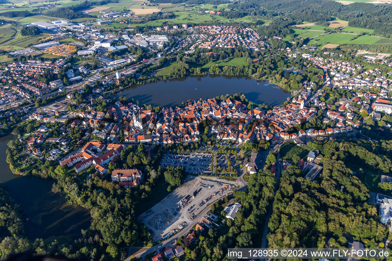 Aerial photograpy of City view of the downtown area on the shore areas of Stadt See in Bad Waldsee in the state Baden-Wuerttemberg, Germany