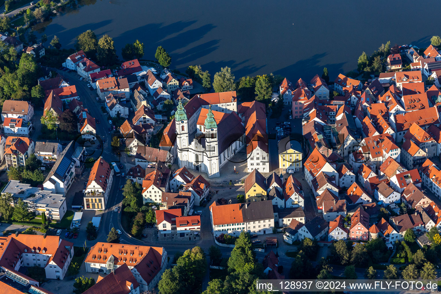 Oblique view of Church building in " Stadtpfarrkirche St. Peter " Old Town- center of downtown in Bad Waldsee in the state Baden-Wuerttemberg, Germany