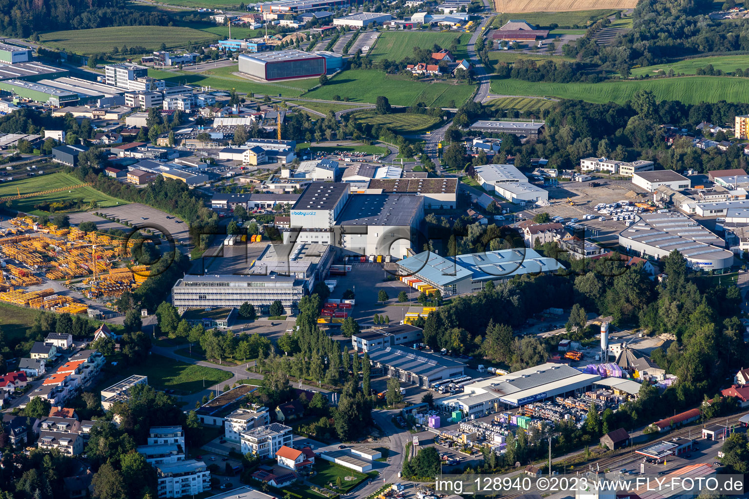 Oblique view of Building complex and distribution center on the site of Versandhaus Walz GmbH, Baby-Walz in Bad Waldsee in the state Baden-Wuerttemberg, Germany