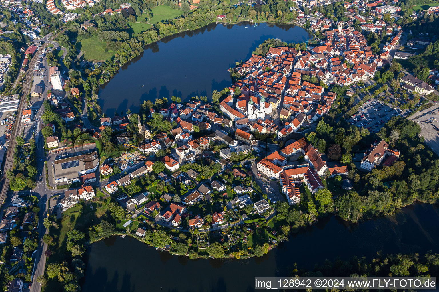 City view of the downtown area on the shore areas of Stadt See in Bad Waldsee in the state Baden-Wuerttemberg, Germany out of the air