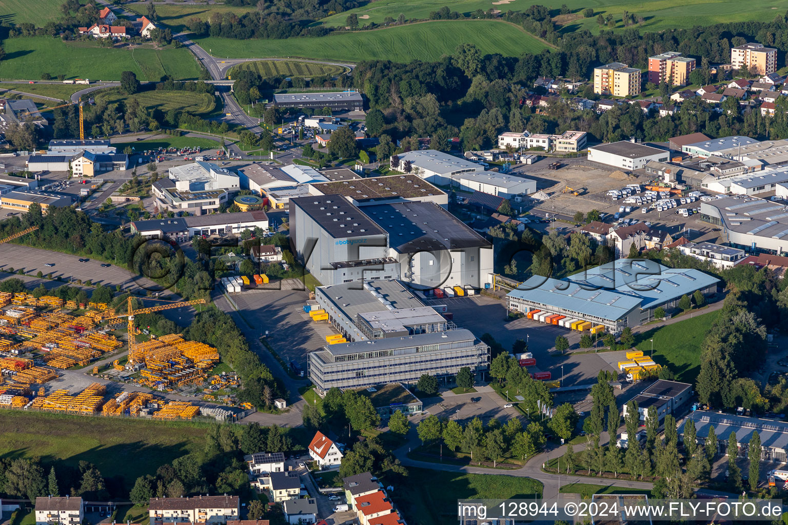 Building complex and distribution center on the site of Versandhaus Walz GmbH, Baby-Walz in Bad Waldsee in the state Baden-Wuerttemberg, Germany from above