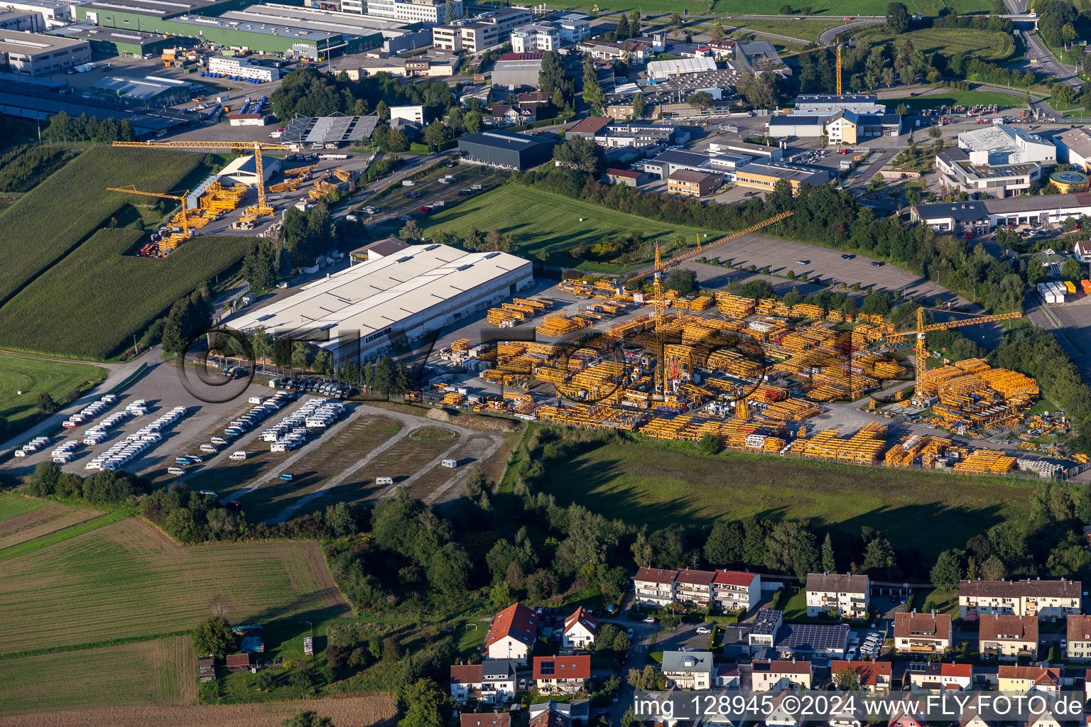 Aerial view of Bearing surface of Liebherr-Werk Biberach GmbH, Subsidary Bad Waldsee in the industrial area in Bad Waldsee in the state Baden-Wuerttemberg, Germany