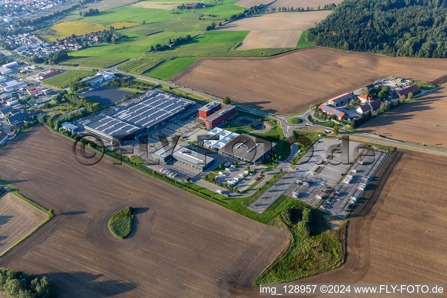 Aerial view of Buildings and production halls on the vehicle construction site of Carthago Reisemobilbau GmbH in Aulendorf in the state Baden-Wuerttemberg, Germany