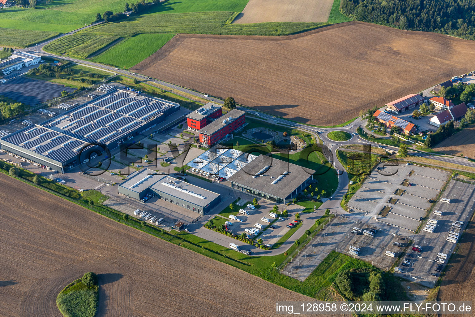 Aerial photograpy of Buildings and production halls on the vehicle construction site of Carthago Reisemobilbau GmbH in Aulendorf in the state Baden-Wuerttemberg, Germany