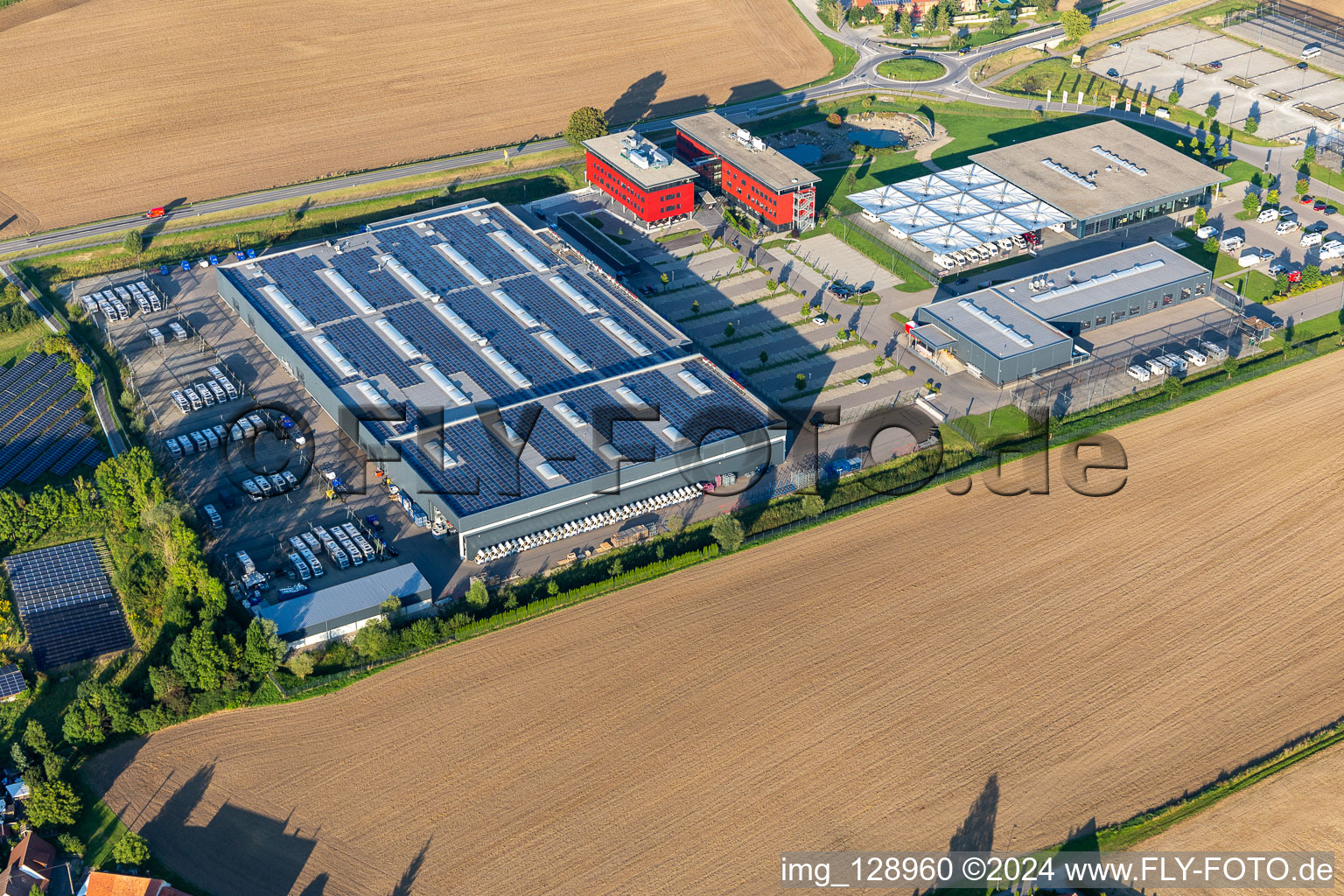 Aerial view of Buildings and production halls on the vehicle construction site of Carthago Reisemobilbau GmbH in Aulendorf in the state Baden-Wuerttemberg, Germany