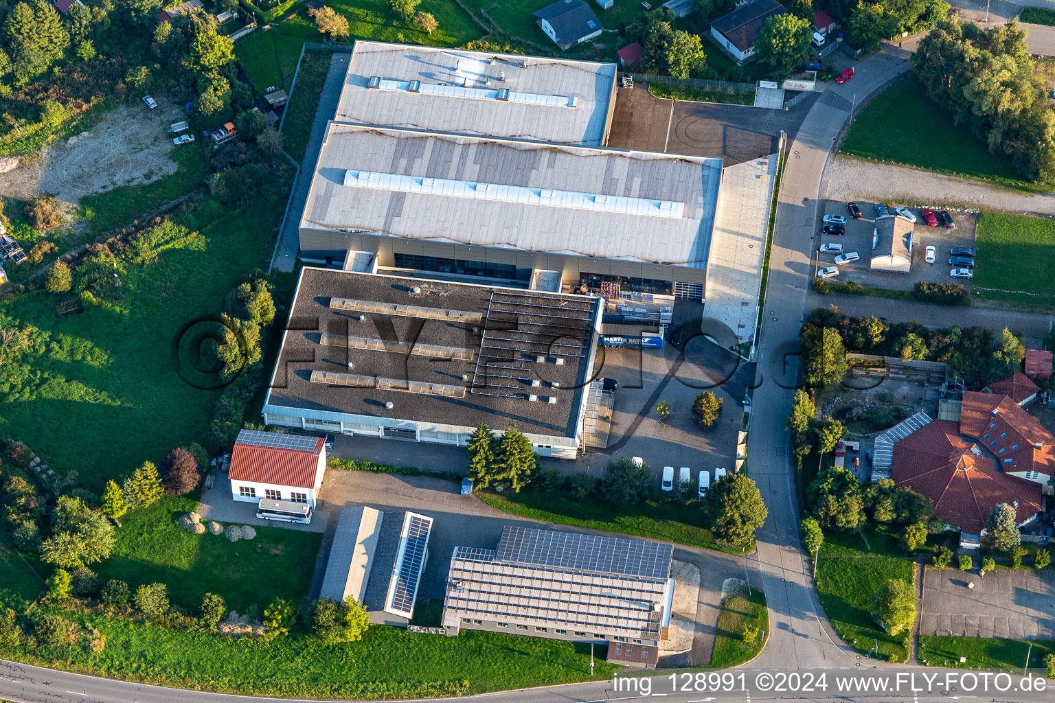 Industrial estate and company settlement with Colour-Line Oberflaechenveredelungsgesellschaft mbH and DecoCompany Der Heimtex-Fachmarkt in Bad Saulgau in the state Baden-Wuerttemberg, Germany