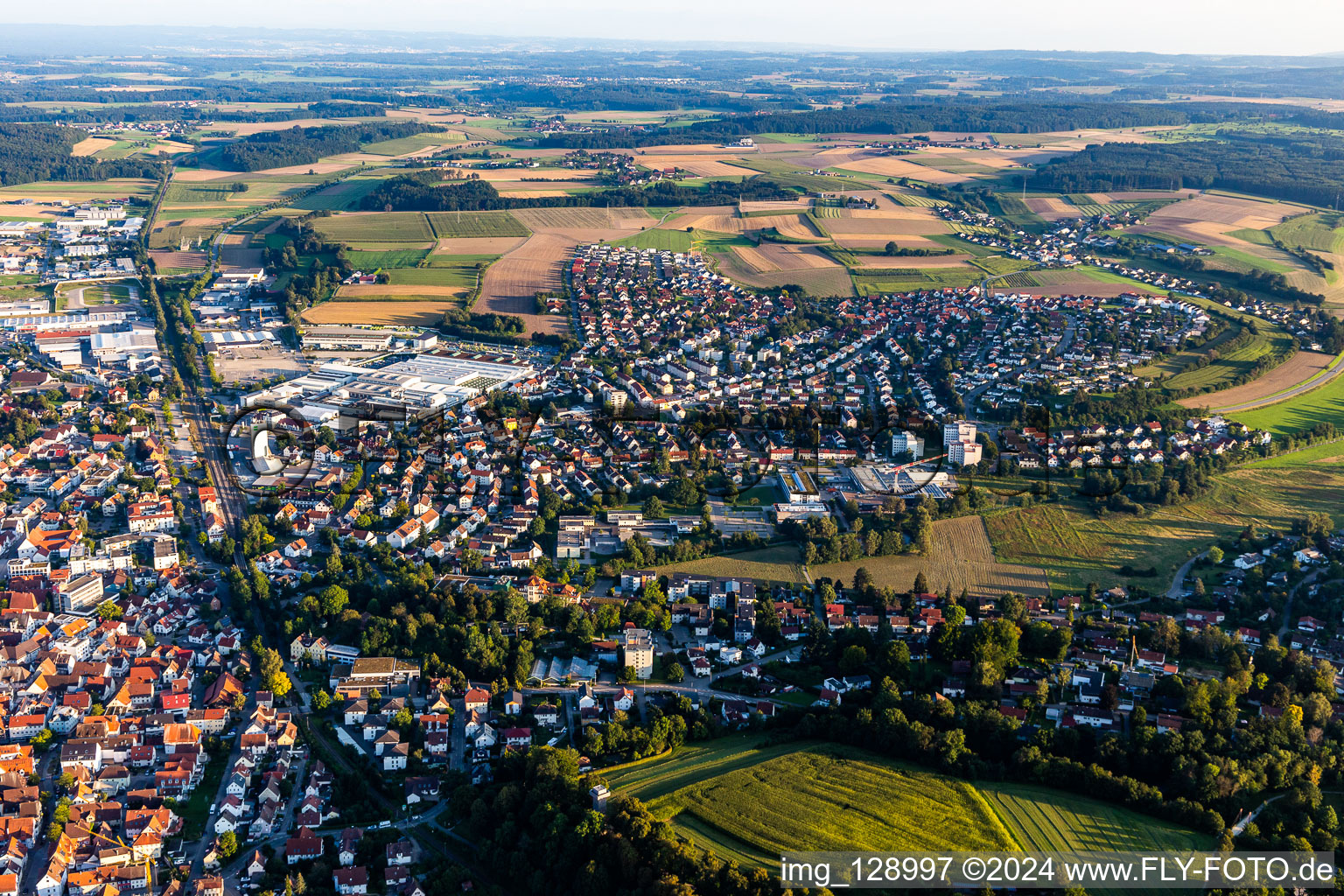 Urban area with outskirts and inner city area on the edge of agricultural fields and arable land in Bad Saulgau in the state Baden-Wuerttemberg, Germany