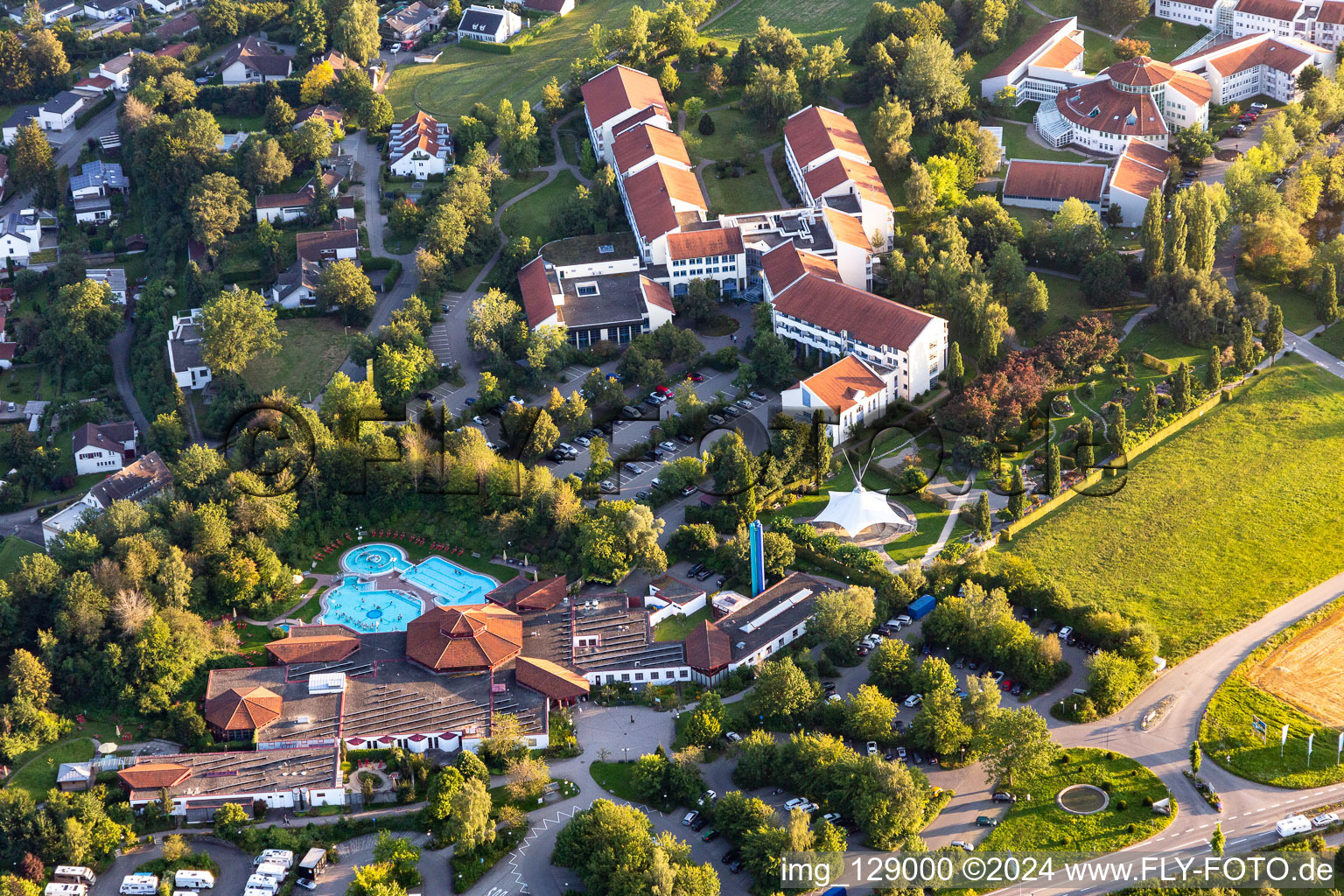 Building of the Spa and Event house und SPA-park with Sonnenhof-Therme Bad Saulgau and Klinik an der schoenen Moos in Bad Saulgau in the state Baden-Wuerttemberg, Germany