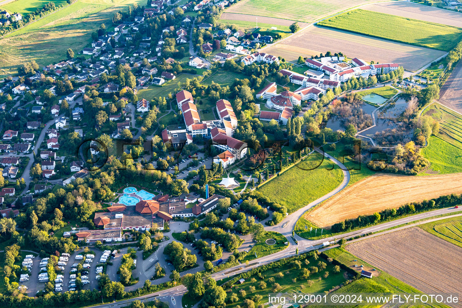 Aerial view of Building of the Spa and Event house und SPA-park with Sonnenhof-Therme Bad Saulgau and Klinik an der schoenen Moos in Bad Saulgau in the state Baden-Wuerttemberg, Germany