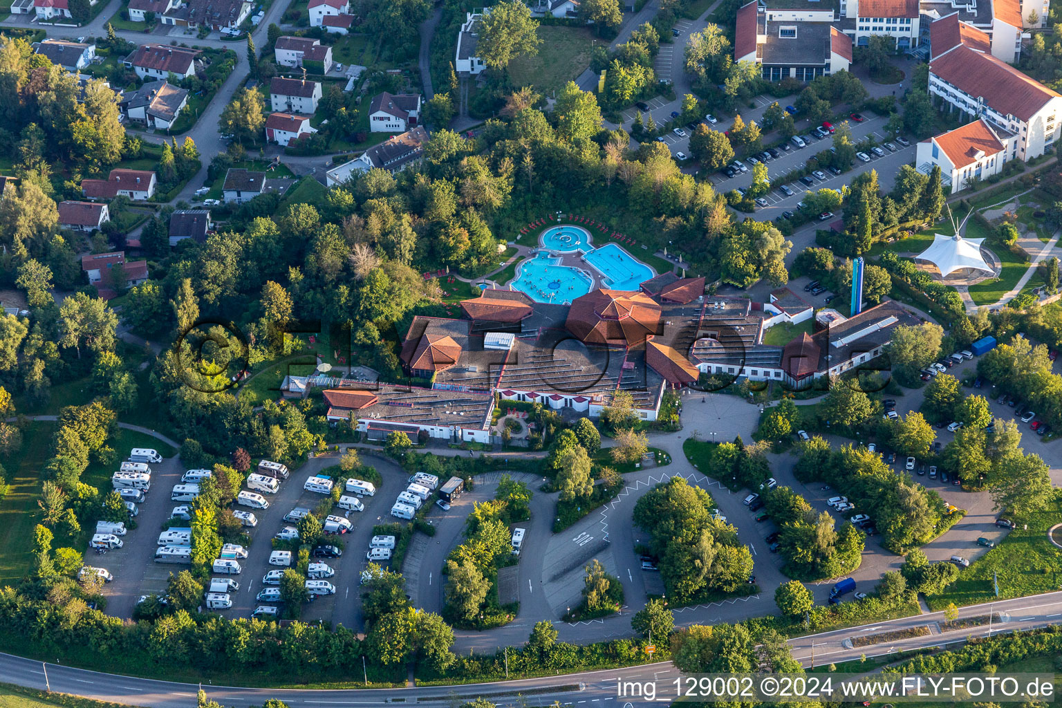 Aerial photograpy of Building of the Spa and Event house und SPA-park with Sonnenhof-Therme Bad Saulgau and Klinik an der schoenen Moos in Bad Saulgau in the state Baden-Wuerttemberg, Germany