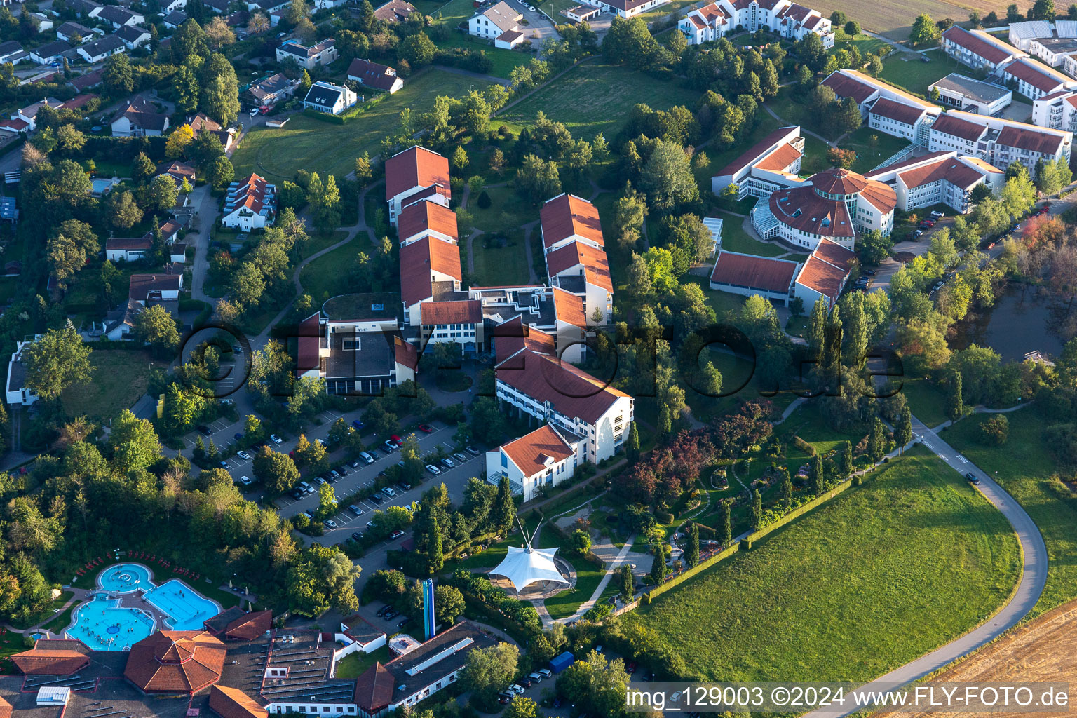 Oblique view of Building of the Spa and Event house und SPA-park with Sonnenhof-Therme Bad Saulgau and Klinik an der schoenen Moos in Bad Saulgau in the state Baden-Wuerttemberg, Germany