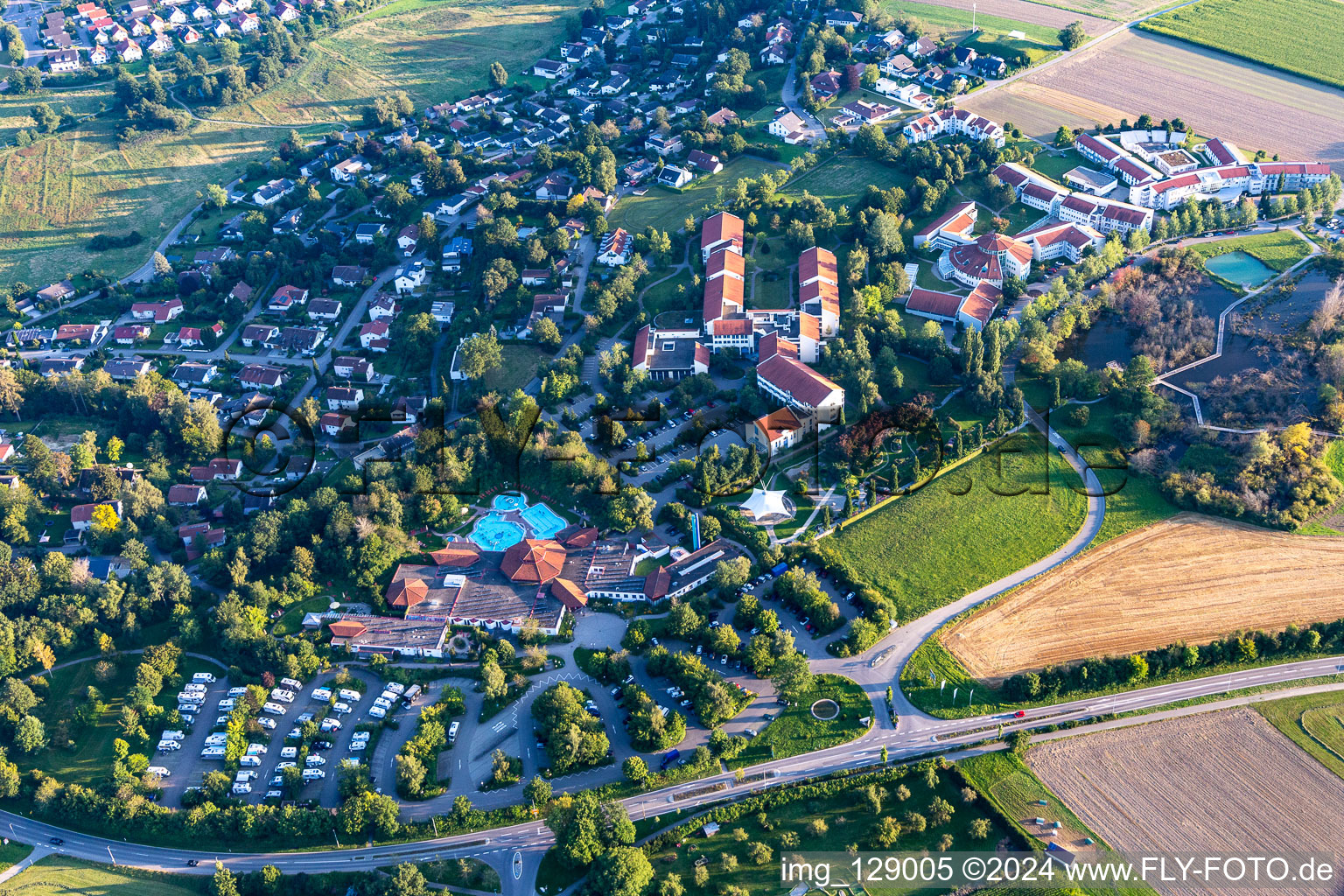 Building of the Spa and Event house und SPA-park with Sonnenhof-Therme Bad Saulgau and Klinik an der schoenen Moos in Bad Saulgau in the state Baden-Wuerttemberg, Germany