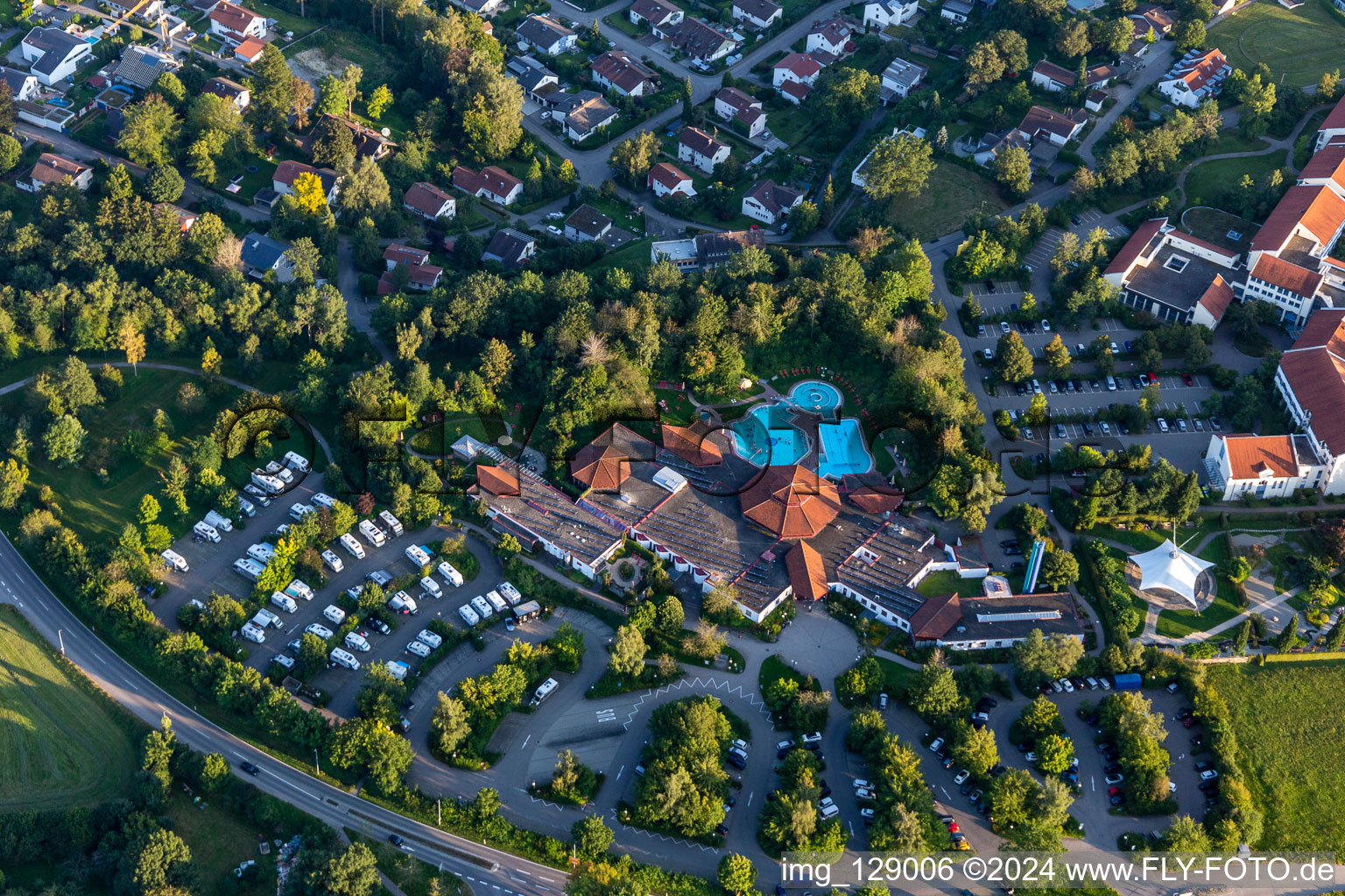 Aerial view of Building of the Spa and Event house und SPA-park with Sonnenhof-Therme Bad Saulgau and Klinik an der schoenen Moos in Bad Saulgau in the state Baden-Wuerttemberg, Germany