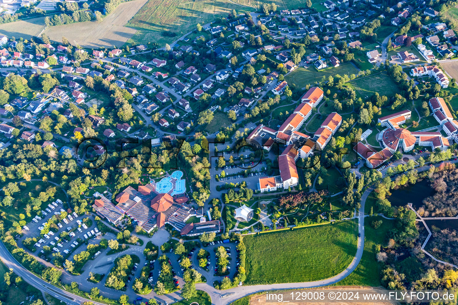 Aerial photograpy of Building of the Spa and Event house und SPA-park with Sonnenhof-Therme Bad Saulgau and Klinik an der schoenen Moos in Bad Saulgau in the state Baden-Wuerttemberg, Germany