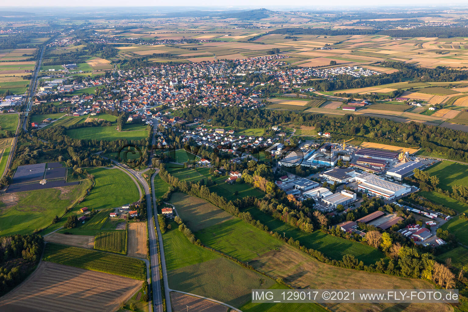 Aerial view of TU Maschinen- und Anlagenbau GmbH, Eurostahl KG, Fensterle Bauunternehmen GmbH in Ertingen in the state Baden-Wuerttemberg, Germany