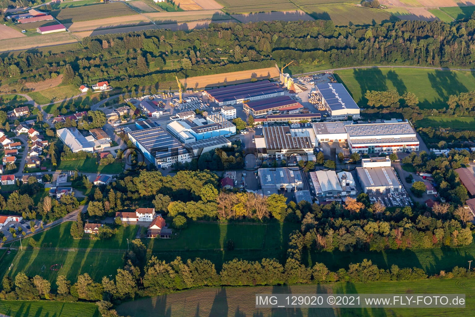 Aerial view of Industrial and commercial area with Spiess Transport International GmbH, TU Maschinen- and Anlagenbau GmbH, Eurostahl KG, Fensterle Bauunternehmen GmbH in Ertingen in the state Baden-Wuerttemberg, Germany