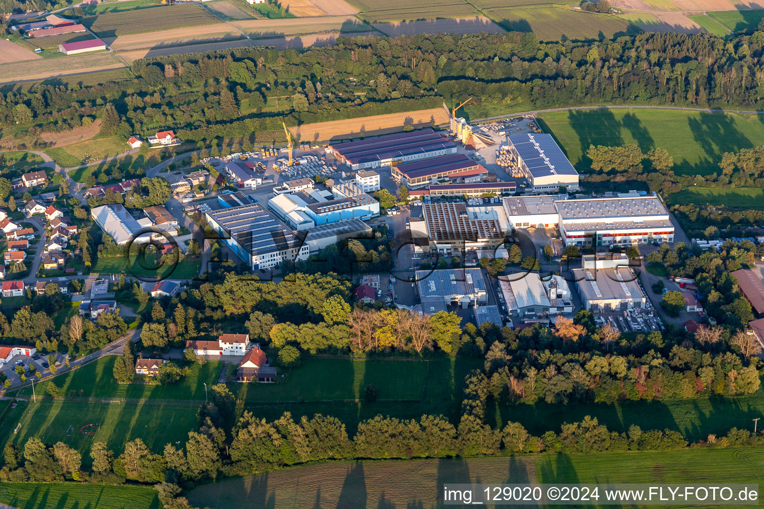 Aerial view of Industrial and commercial area with Spiess Transport International GmbH, TU Maschinen- and Anlagenbau GmbH, Eurostahl KG, Fensterle Bauunternehmen GmbH in Ertingen in the state Baden-Wuerttemberg, Germany