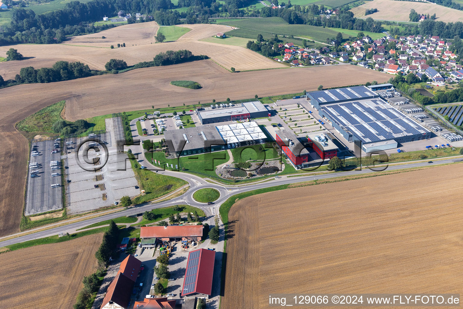 Buildings and production halls on the vehicle construction site of Carthago Reisemobilbau GmbH in Aulendorf in the state Baden-Wuerttemberg, Germany from above