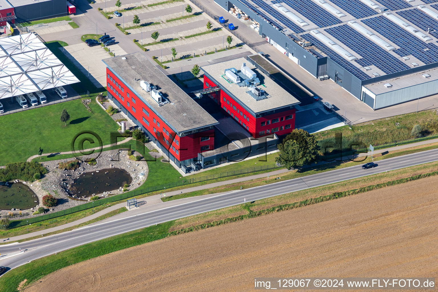 Buildings and production halls on the vehicle construction site of Carthago Reisemobilbau GmbH in Aulendorf in the state Baden-Wuerttemberg, Germany out of the air