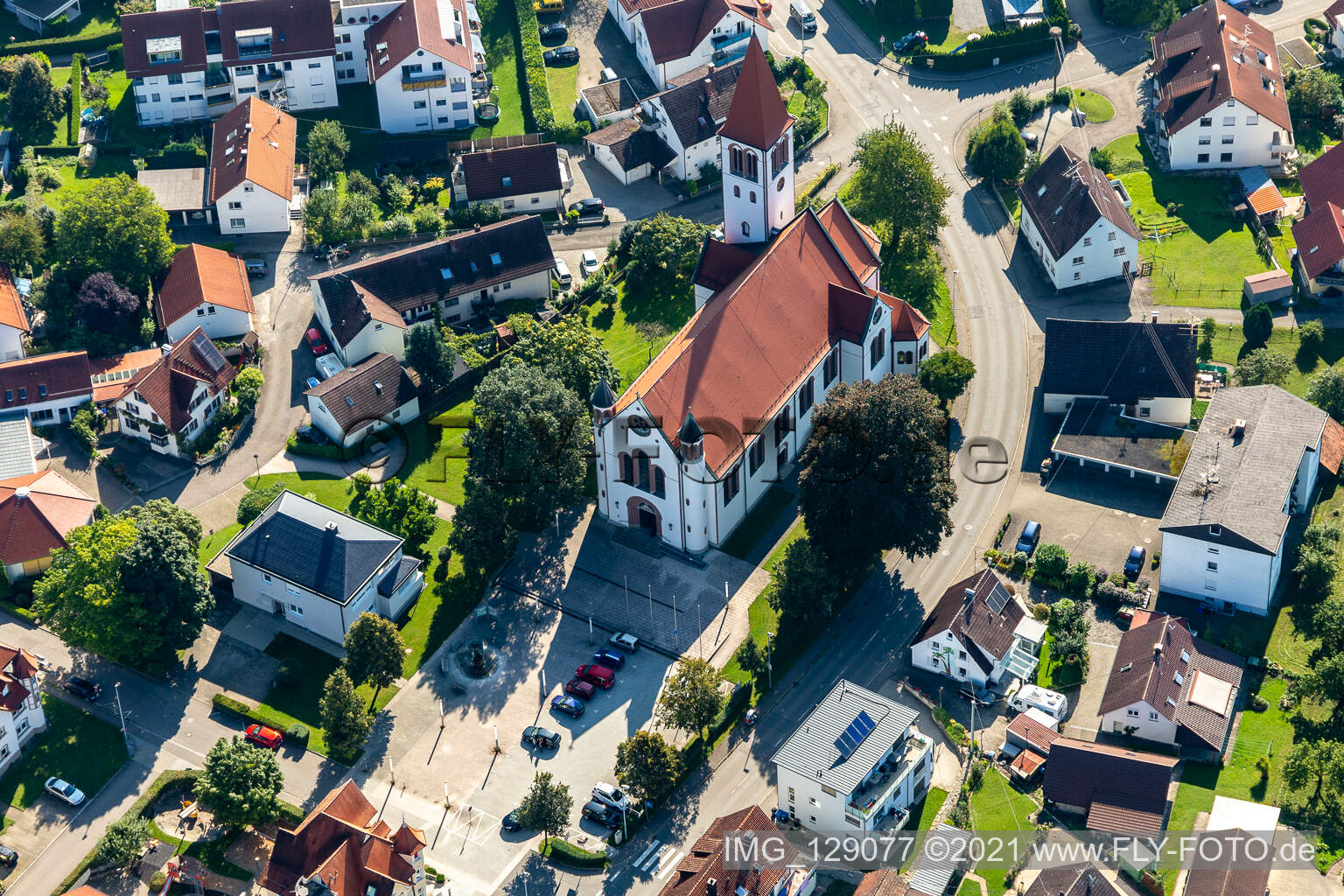 Aerial view of Mochenwangen parish church in Wolpertswende in the state Baden-Wuerttemberg, Germany