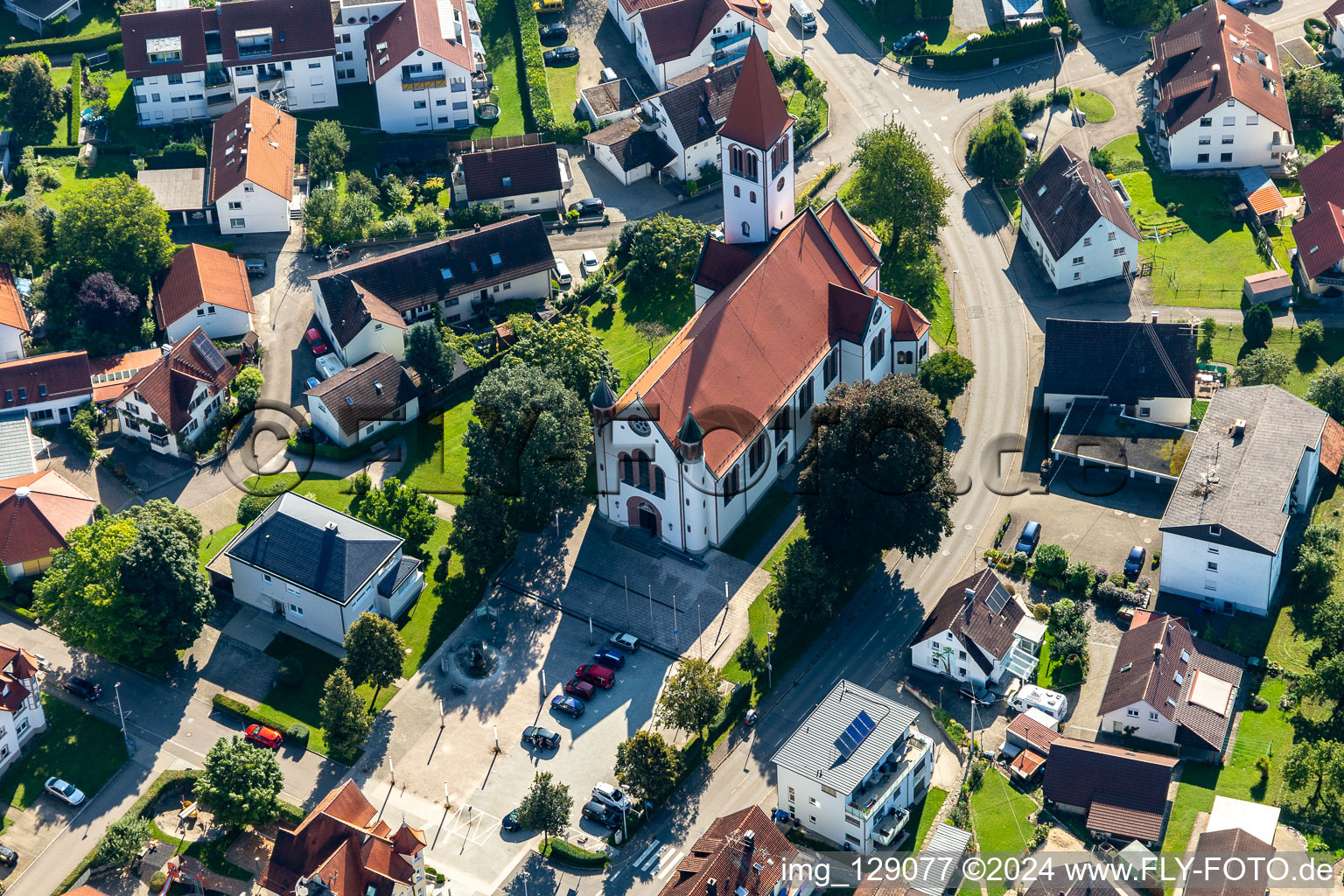 Aerial view of Mochenwangen parish church in Wolpertswende in the state Baden-Wuerttemberg, Germany