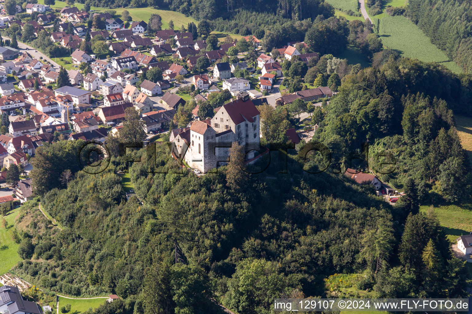 Aerial view of Walls of the castle complex on the plateau " Schloss Waldburg " in Waldburg in the state Baden-Wuerttemberg, Germany