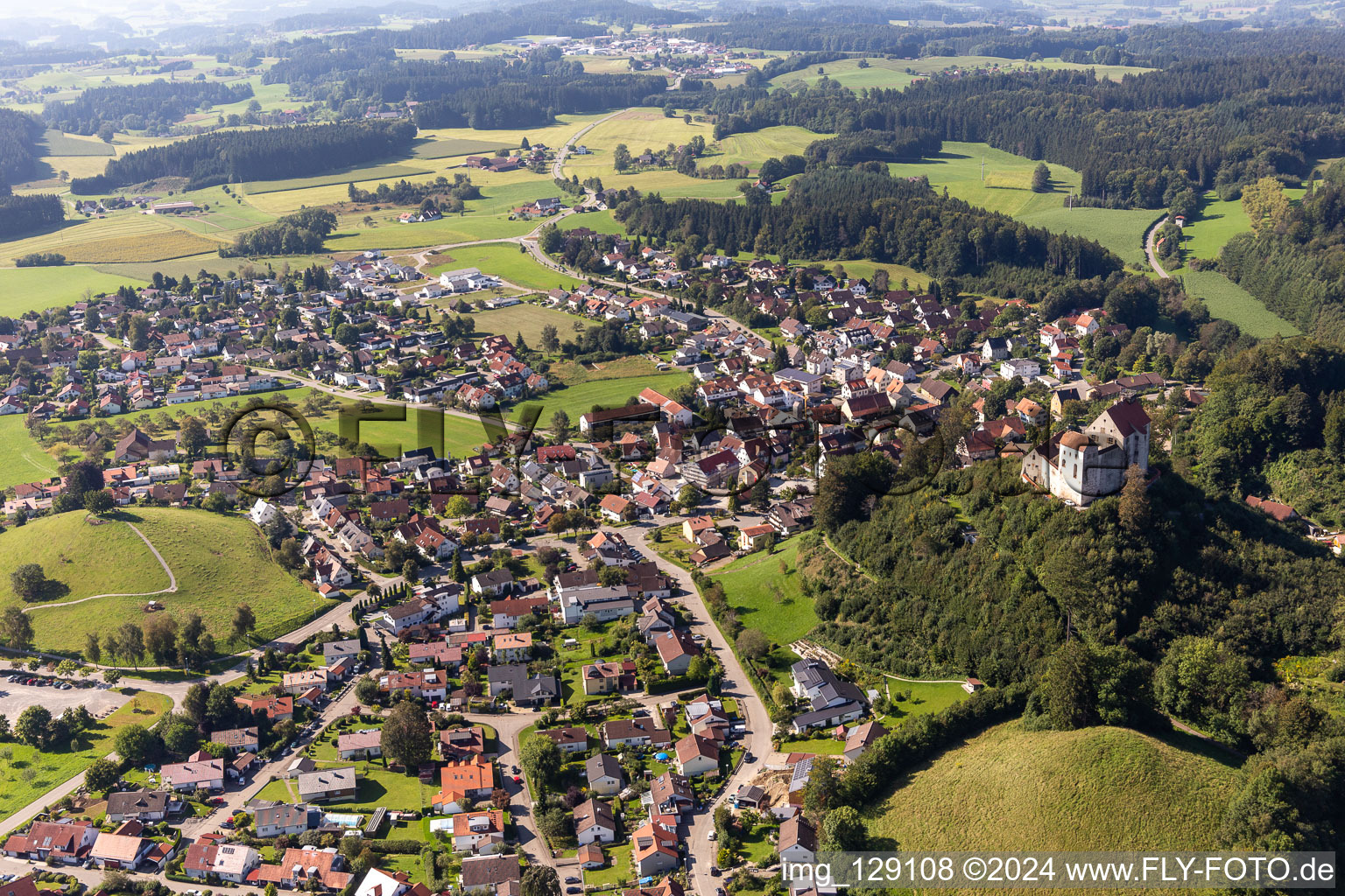 Aerial photograpy of Walls of the castle complex on the plateau " Schloss Waldburg " in Waldburg in the state Baden-Wuerttemberg, Germany