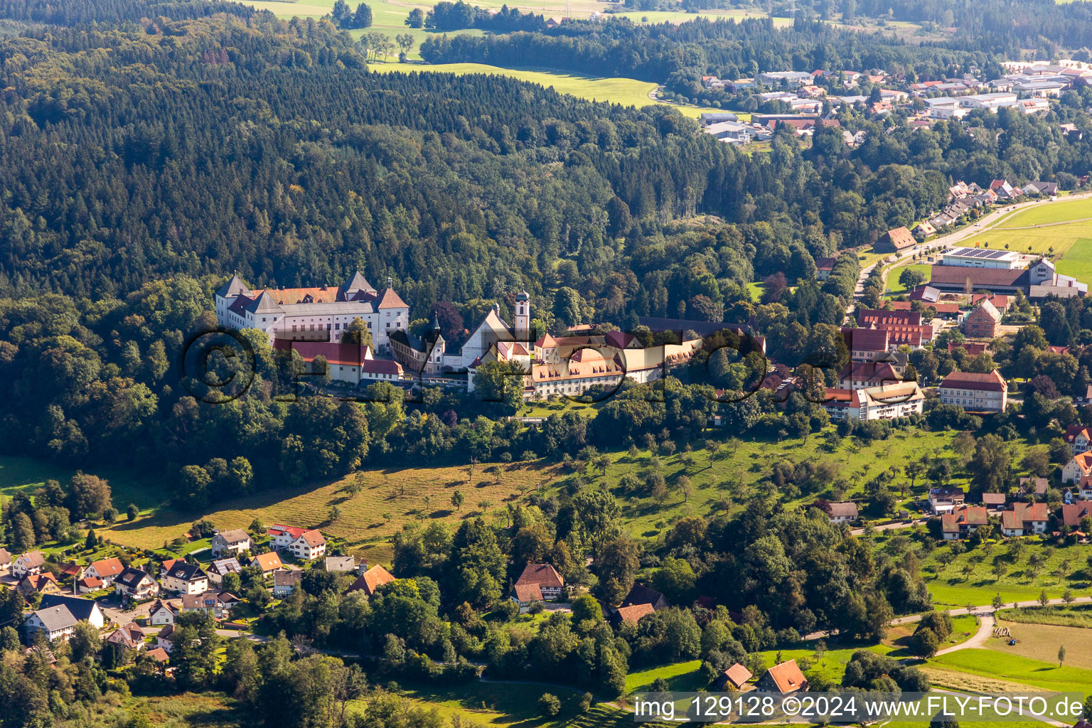 Aerial view of Renaissance Castle Wolfegg with Church St. Katharina in Wolfegg in the state Baden-Wurttemberg, Germany