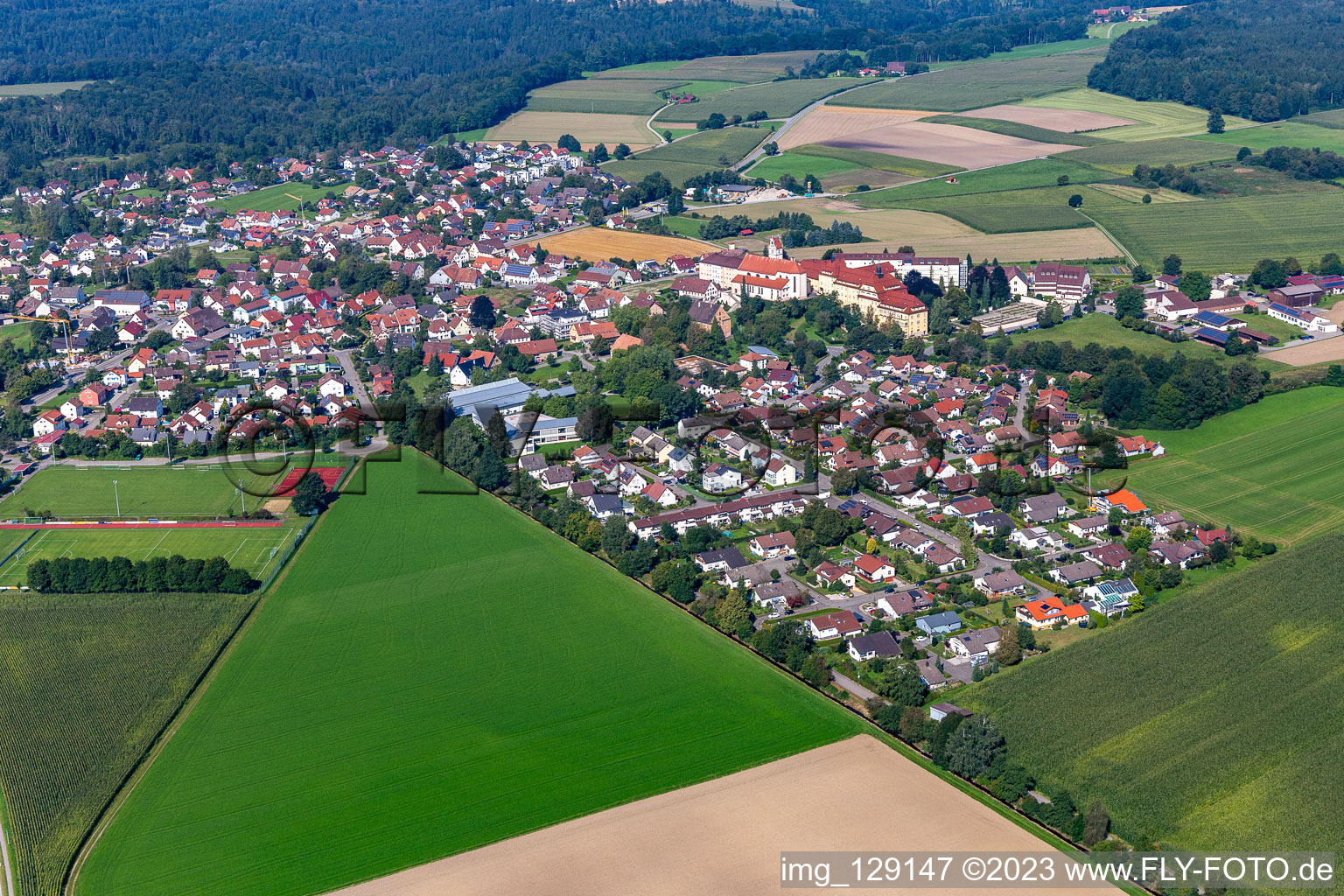 Village view on the edge of agricultural fields and land in Reute in the state Baden-Wuerttemberg, Germany