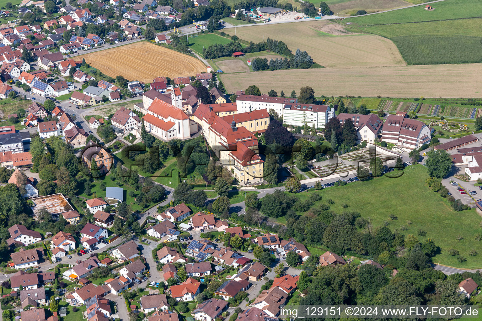 Aerial view of Building complex of the Franciscan monastery of Reute in the district Reute in Bad Waldsee in the state Baden-Wuerttemberg, Germany