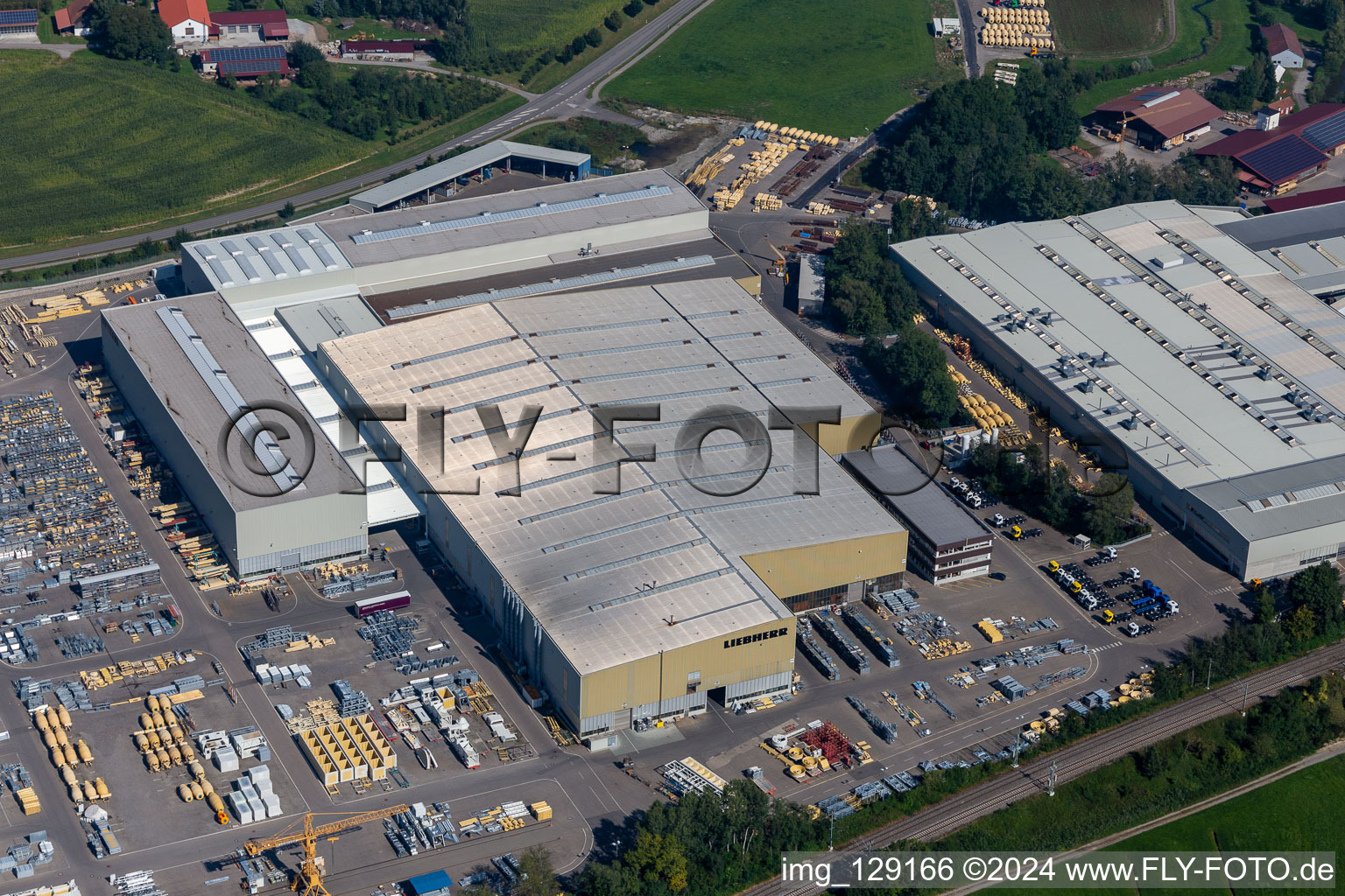 Drone recording of Building and production halls on the premises of Liebherr-Mischtechnik GmbH in Bad Schussenried in the state Baden-Wuerttemberg, Germany